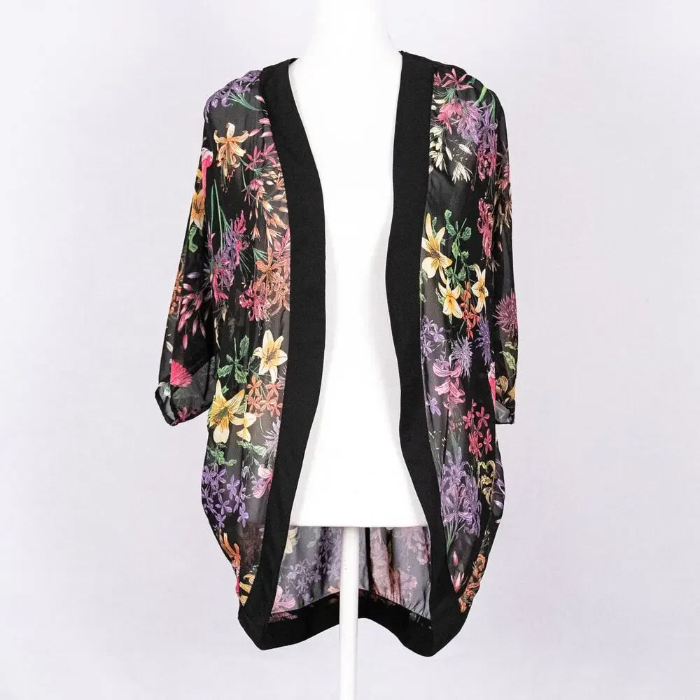 Sheer Floral Cover Up Kaftan Wrap Kimono Boho Cottage Floral Fairy Birds MEDIUM - Picture 2 of 6